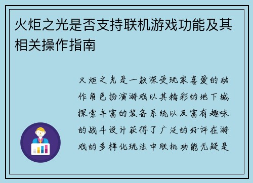 火炬之光是否支持联机游戏功能及其相关操作指南